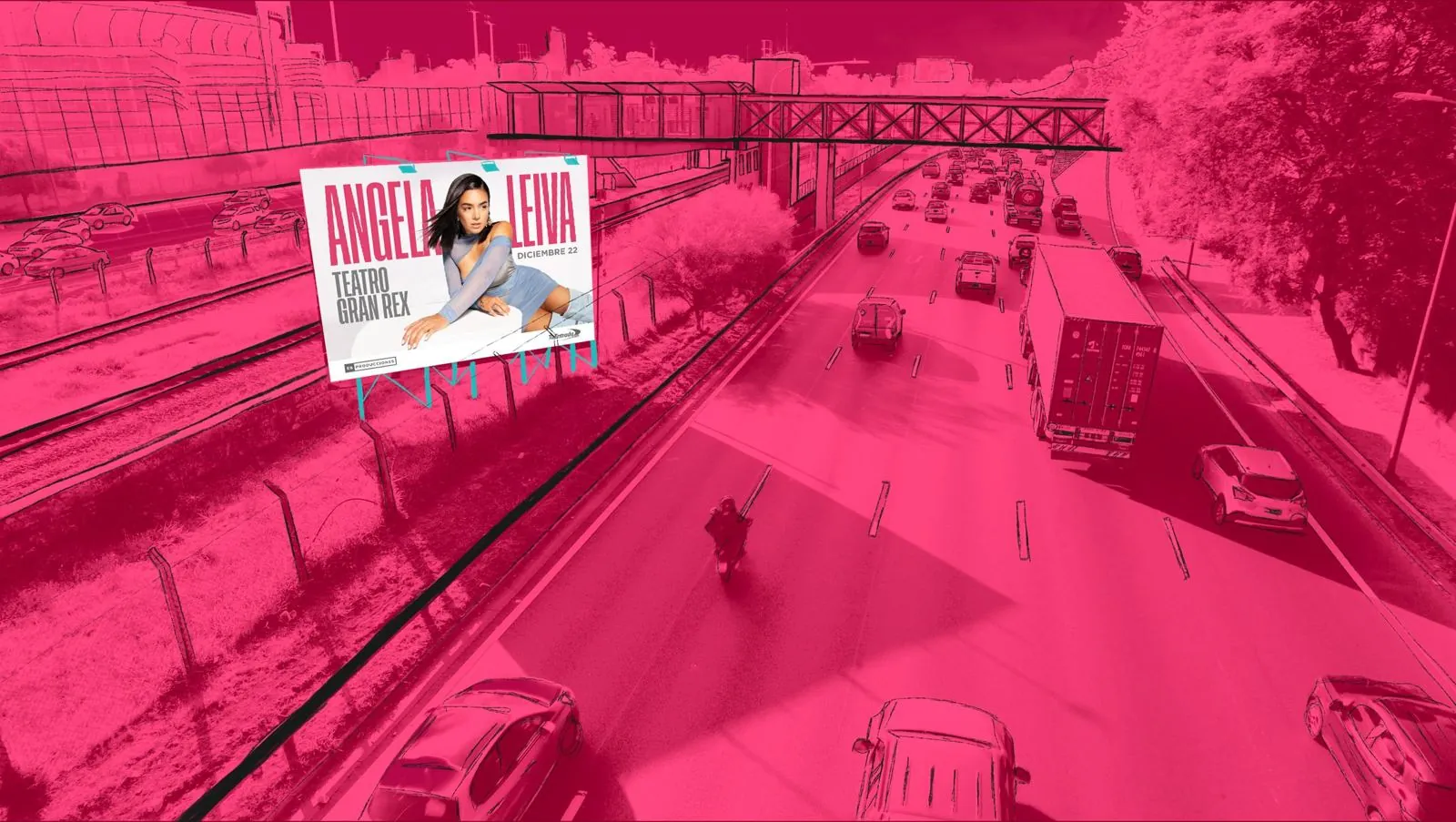 Cartel de Ángela Leiva junto a una autopista, con la escena teñida de magenta e ilustrada a mano