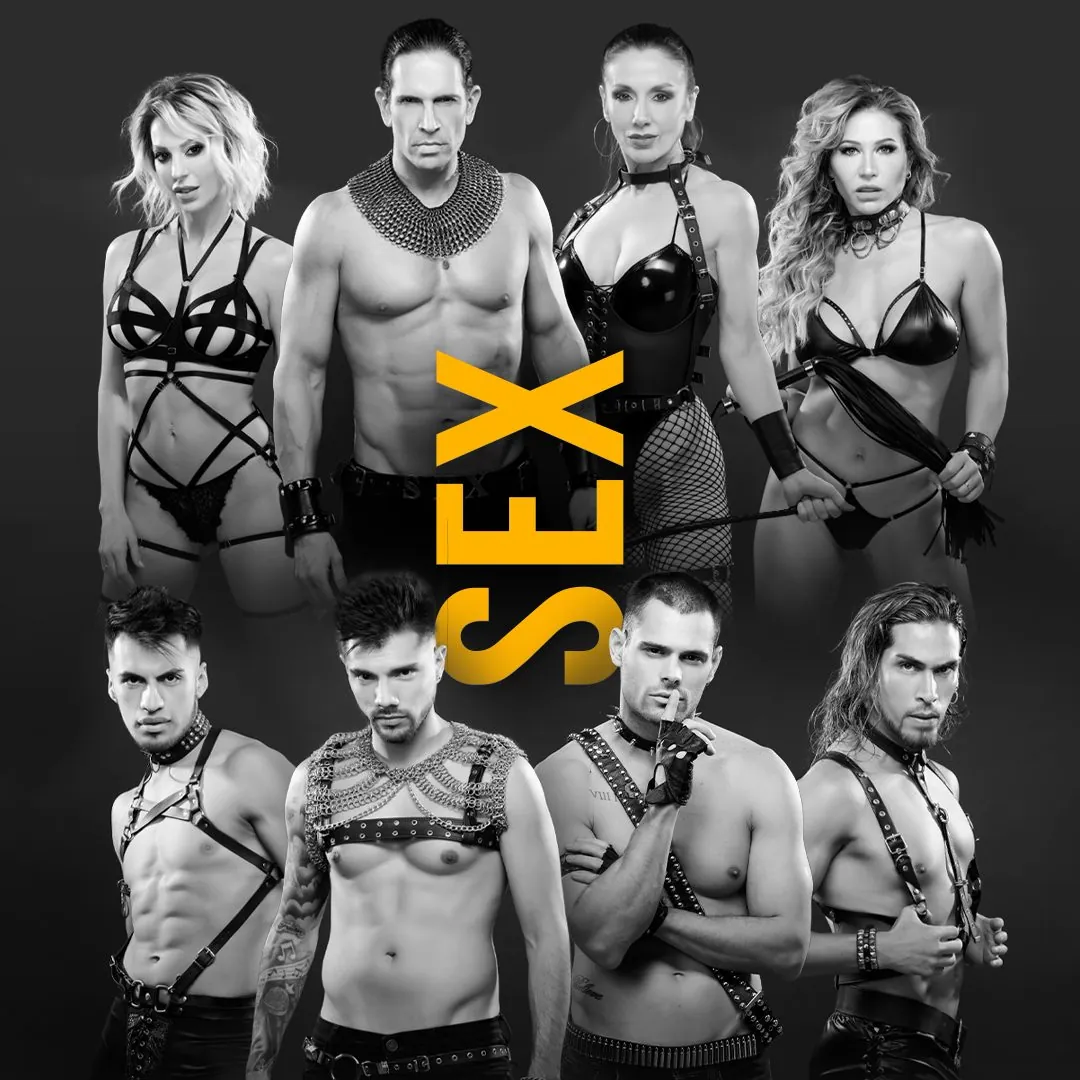 Key visual de SEX con el elenco en blanco y negro y el logotipo amarillo